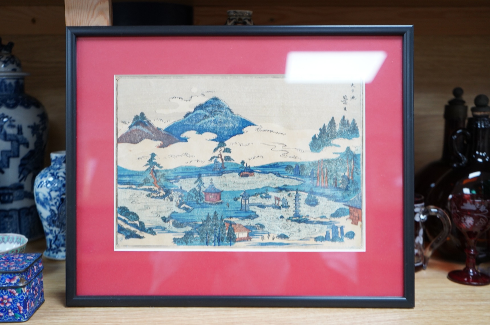 A set of four Japanese woodblock later reprints, Winter scenes, together with a later example, 18 x 25cm